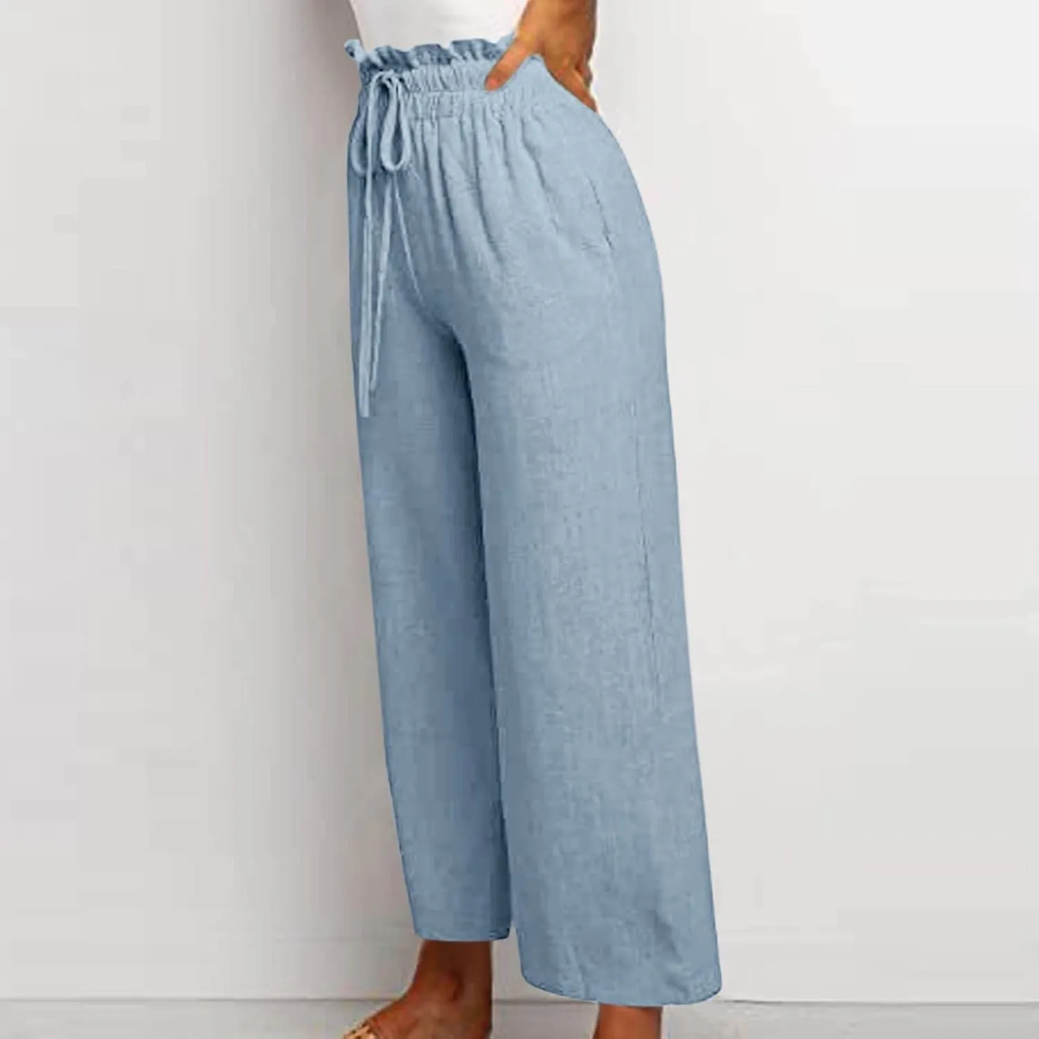 Women's Pants, Cotton Linen High Waisted Straight Leg Pants Wide Baggy Sweatpants