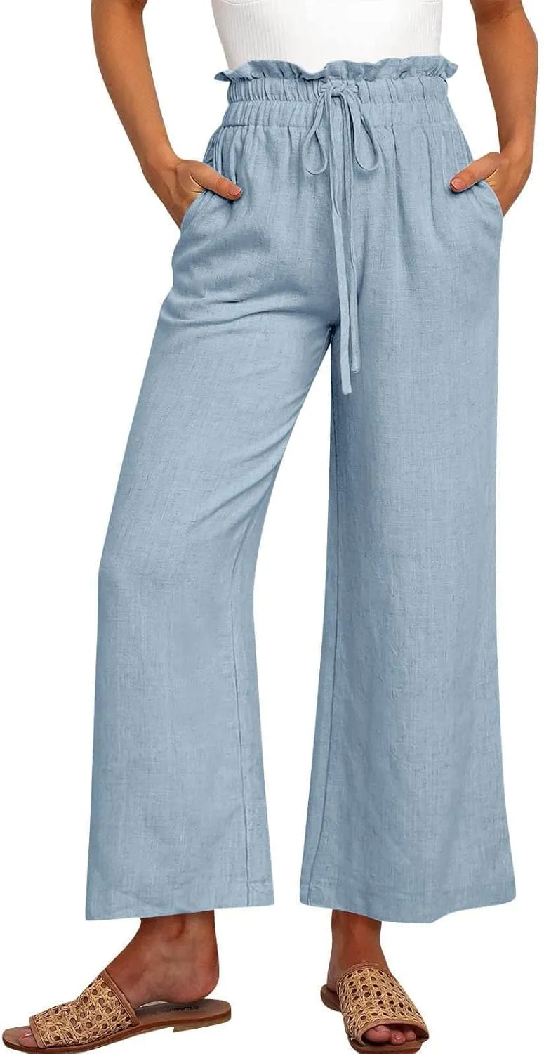 Women's Pants, Cotton Linen High Waisted Straight Leg Pants Wide Baggy Sweatpants