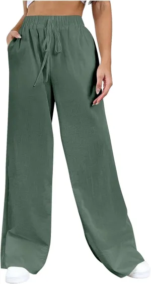 Women's Pants, Straight Leg Wide High Waisted Cotton Linen Pants Summmer Oversized