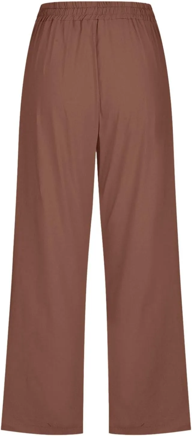 Womens Plus Size Capris Pants Cotton Linen Casual Summer Drawstring Elastic Waist Wide Leg Loose Cropped Solid Trouser