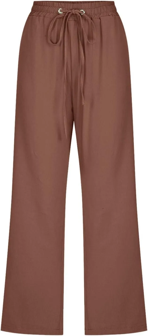 Womens Plus Size Capris Pants Cotton Linen Casual Summer Drawstring Elastic Waist Wide Leg Loose Cropped Solid Trouser