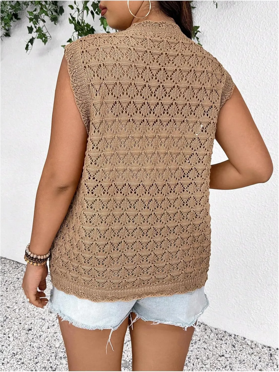 Women's Plus Size Tie Knot Sweater Sleeveless V Neck Hollow Out Knitted Vest Tops