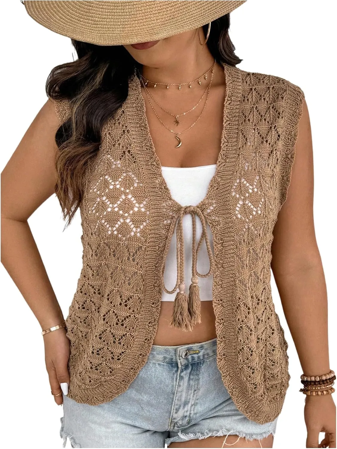 Women's Plus Size Tie Knot Sweater Sleeveless V Neck Hollow Out Knitted Vest Tops
