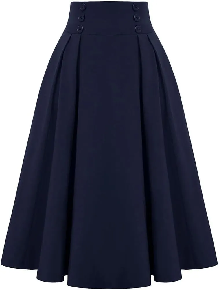 Women's Retro Dress Casual A-Line Skirt with Pocket Elastic High Waist Long Pleated Skirt