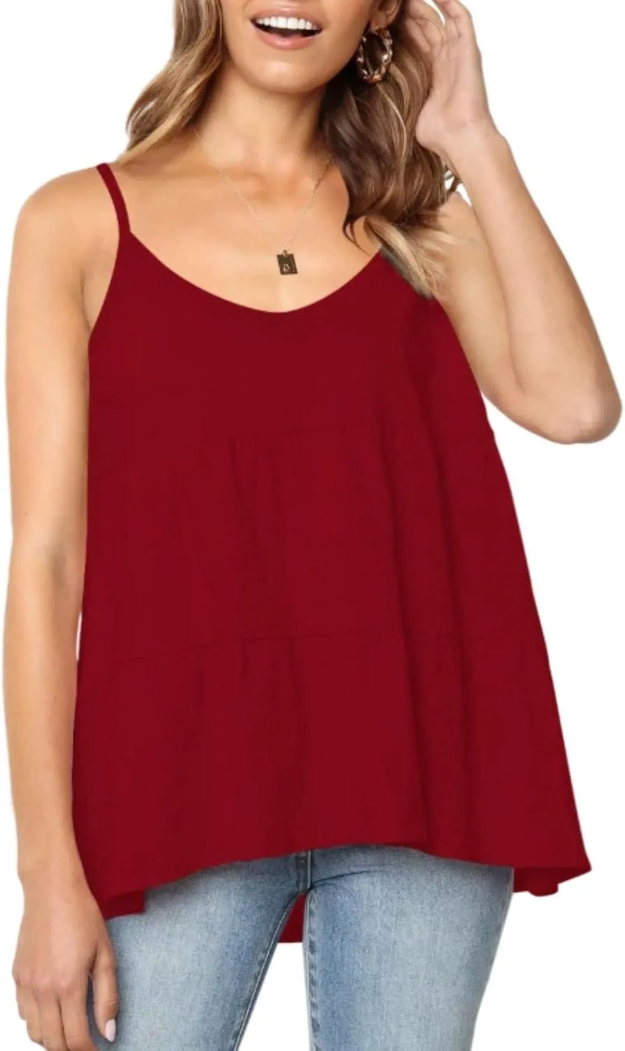 Women's Scoop Neck Spaghetti Strap Babydoll Tank Tops Ruffle Hem Peplum Sleeveless Tunic