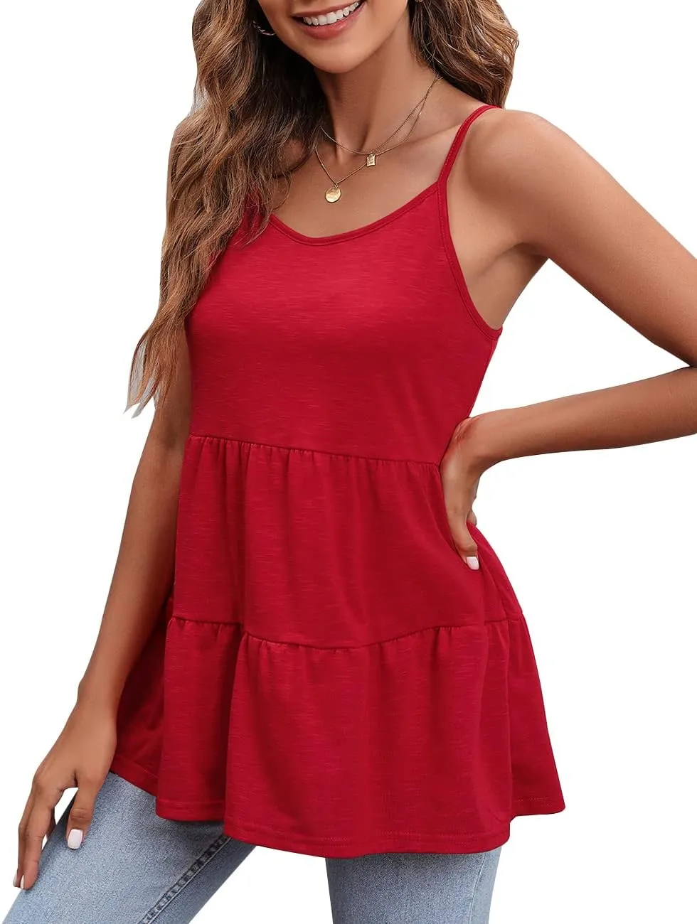 Women's Scoop Neck Spaghetti Strap Babydoll Tank Tops Ruffle Hem Peplum Sleeveless Tunic