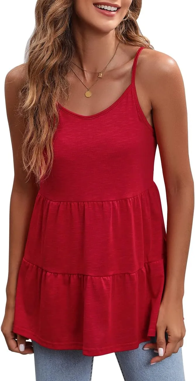 Women's Scoop Neck Spaghetti Strap Babydoll Tank Tops Ruffle Hem Peplum Sleeveless Tunic