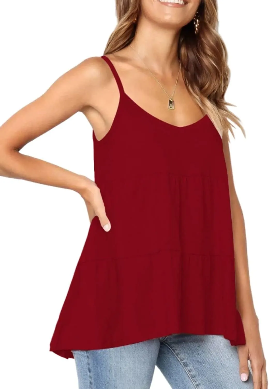 Women's Scoop Neck Spaghetti Strap Babydoll Tank Tops Ruffle Hem Peplum Sleeveless Tunic