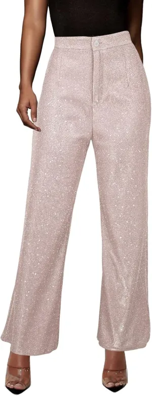 Womens Sequin Flare Pant Women's High Waisted Sequin Loose Drape Wide Leg Pants Fashion Casual Lounge Workout