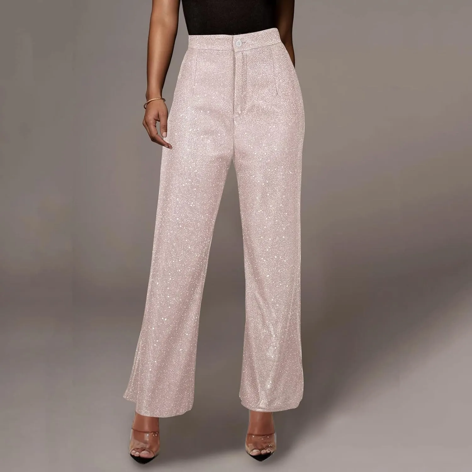 Womens Sequin Flare Pant Women's High Waisted Sequin Loose Drape Wide Leg Pants Fashion Casual Lounge Workout