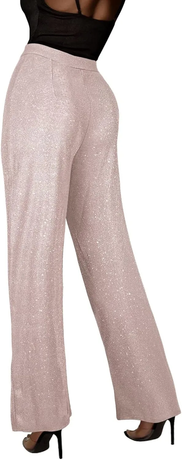 Womens Sequin Flare Pant Women's High Waisted Sequin Loose Drape Wide Leg Pants Fashion Casual Lounge Workout