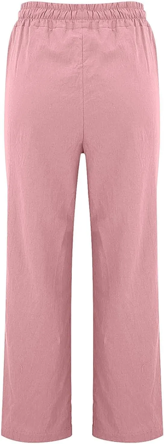 Women's Solid Cotton Linen Straight Pants Drawstring Lightweight Summer Relax Fit Trouser Wide Leg Trousers with Pockets