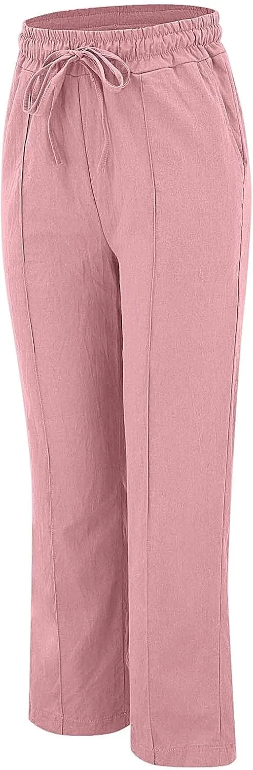 Women's Solid Cotton Linen Straight Pants Drawstring Lightweight Summer Relax Fit Trouser Wide Leg Trousers with Pockets