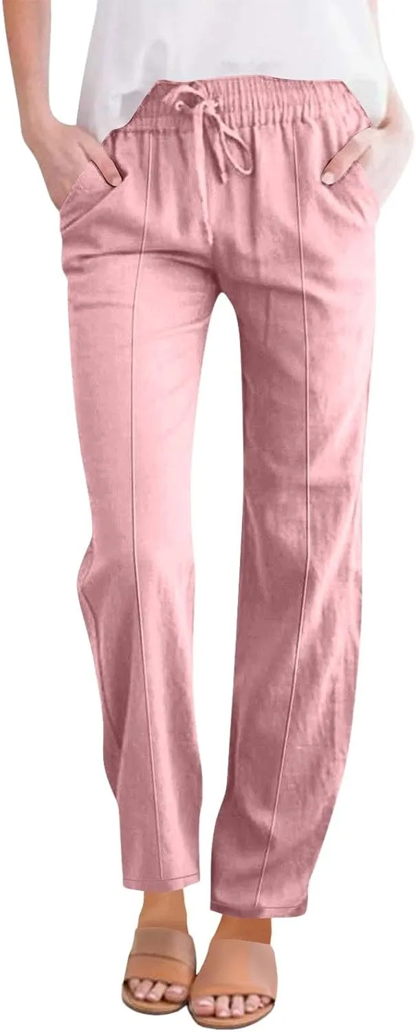 Women's Solid Cotton Linen Straight Pants Drawstring Lightweight Summer Relax Fit Trouser Wide Leg Trousers with Pockets