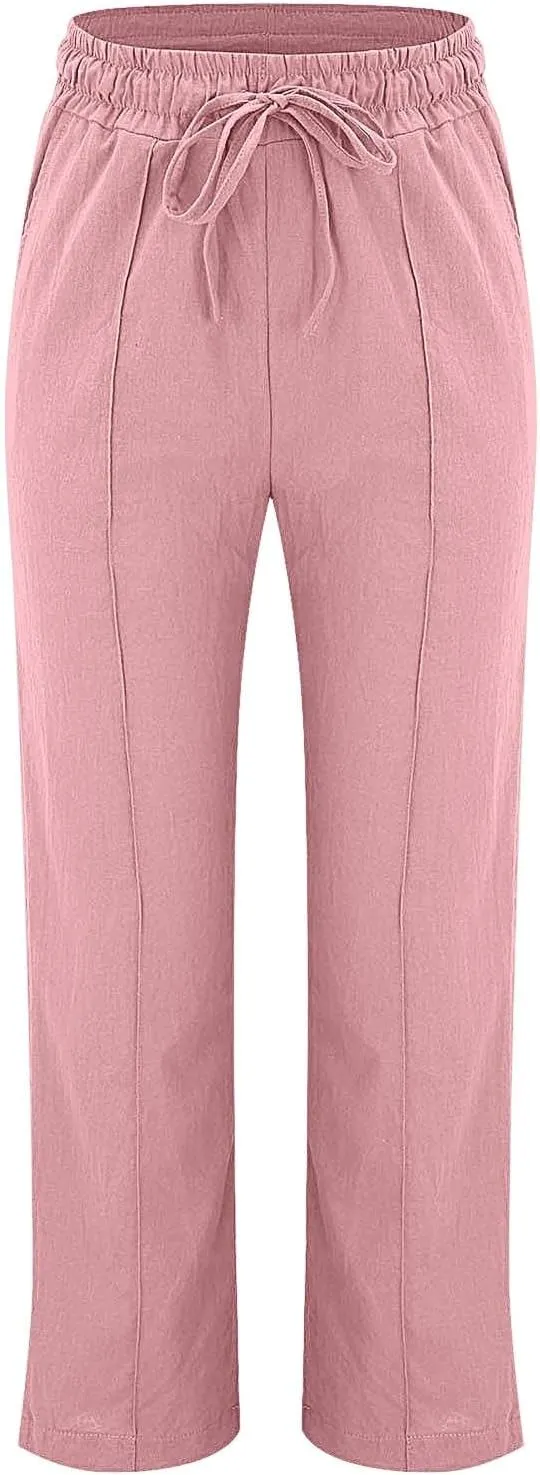 Women's Solid Cotton Linen Straight Pants Drawstring Lightweight Summer Relax Fit Trouser Wide Leg Trousers with Pockets