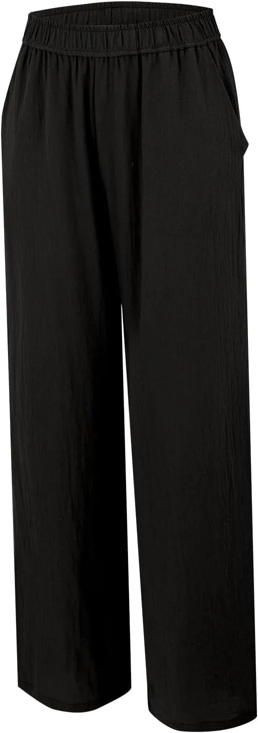 Womens Straight Leg Linen Pants Wide Leg Casual Elastic Waist Palazzo Pant Lounge Beach Summer Trousers with Pockets