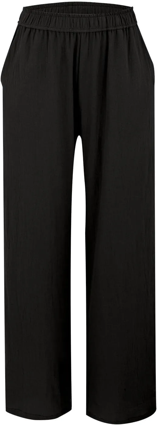 Womens Straight Leg Linen Pants Wide Leg Casual Elastic Waist Palazzo Pant Lounge Beach Summer Trousers with Pockets