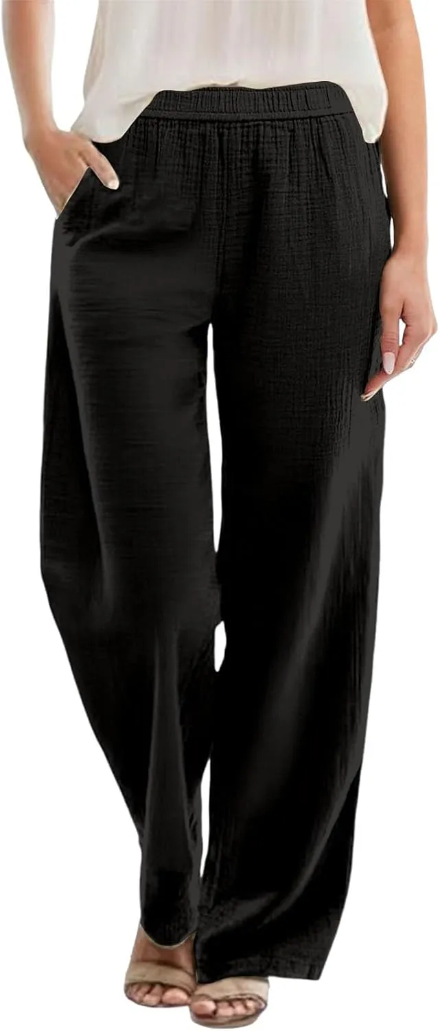 Womens Straight Leg Linen Pants Wide Leg Casual Elastic Waist Palazzo Pant Lounge Beach Summer Trousers with Pockets