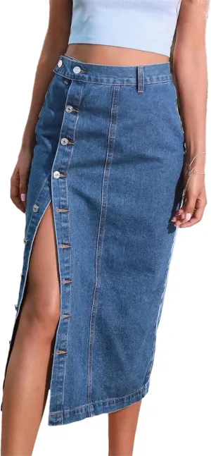 Women's Summer Casual Slit Midi Denim Skirts Vintage High Waisted Sexy Button Up A-LINE Jeans Skirt
