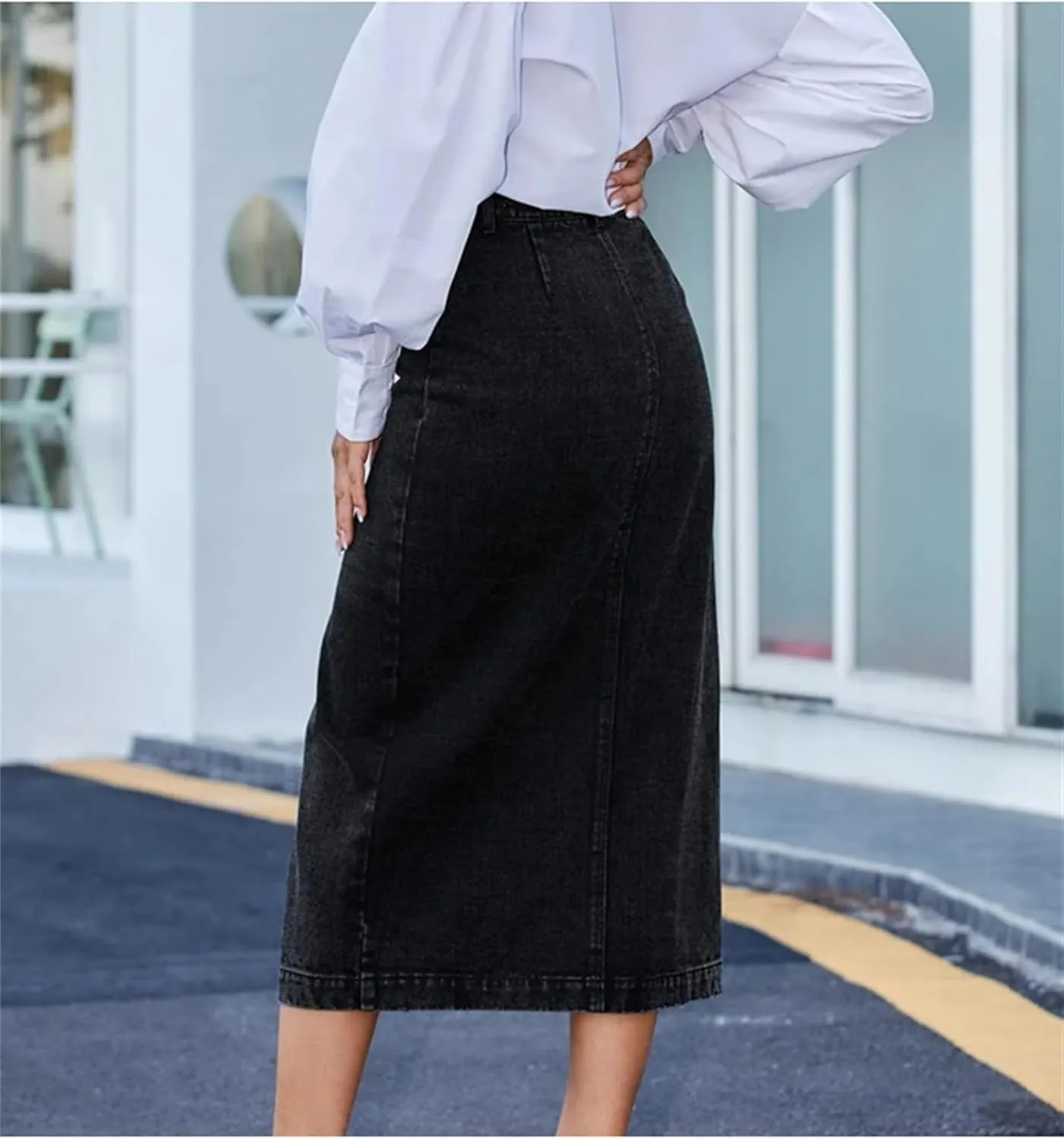 Women's Summer Casual Slit Midi Denim Skirts Vintage High Waisted Sexy Button Up A-LINE Jeans Skirt