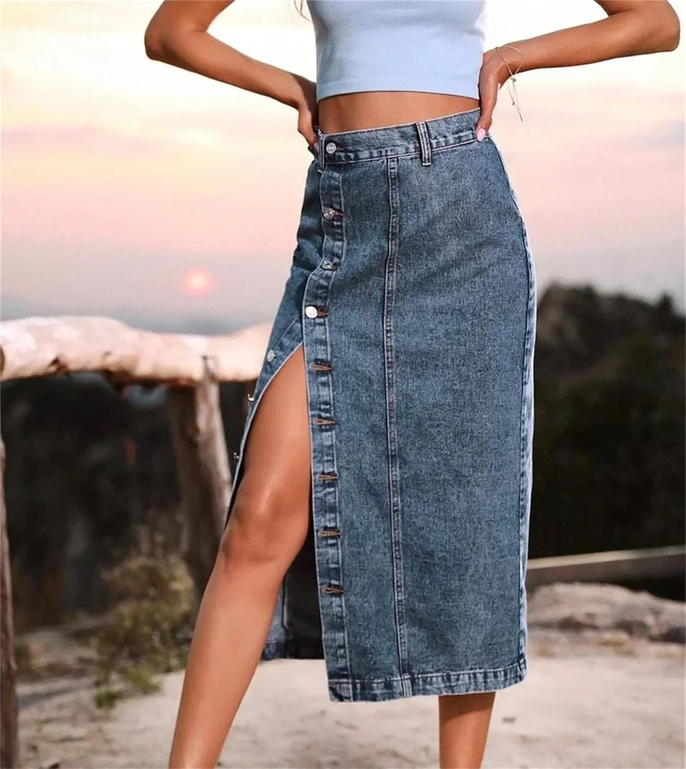 Women's Summer Casual Slit Midi Denim Skirts Vintage High Waisted Sexy Button Up A-LINE Jeans Skirt