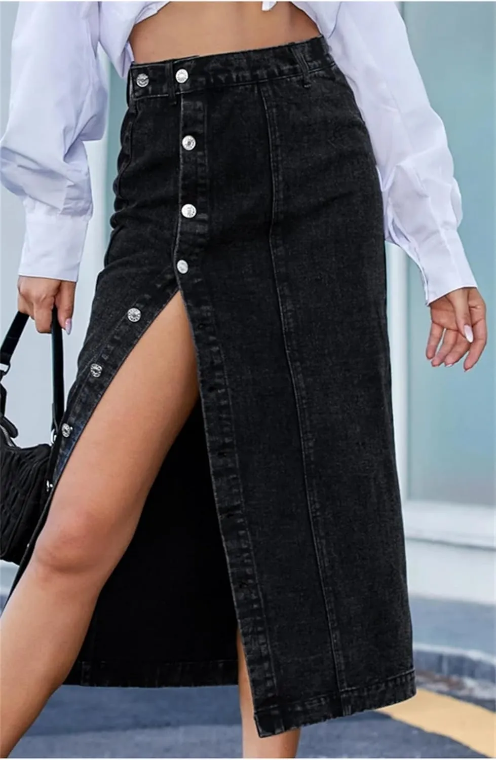 Women's Summer Casual Slit Midi Denim Skirts Vintage High Waisted Sexy Button Up A-LINE Jeans Skirt