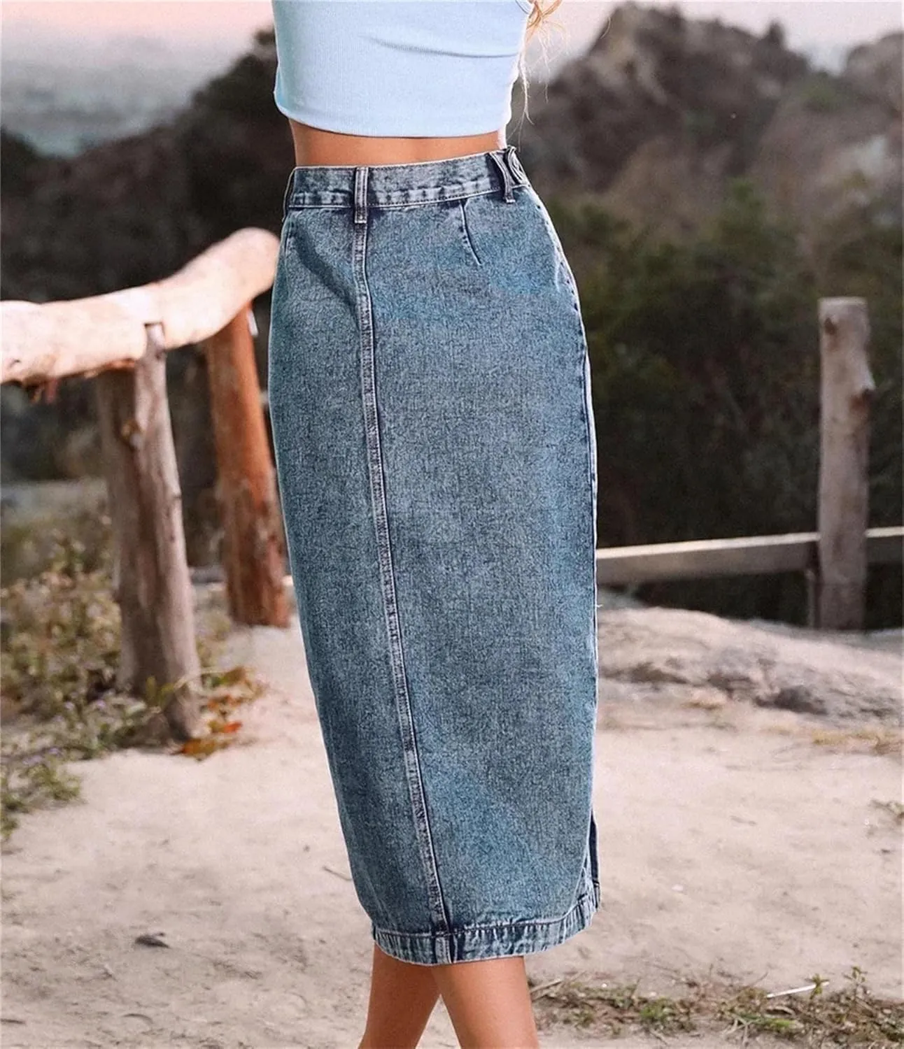 Women's Summer Casual Slit Midi Denim Skirts Vintage High Waisted Sexy Button Up A-LINE Jeans Skirt