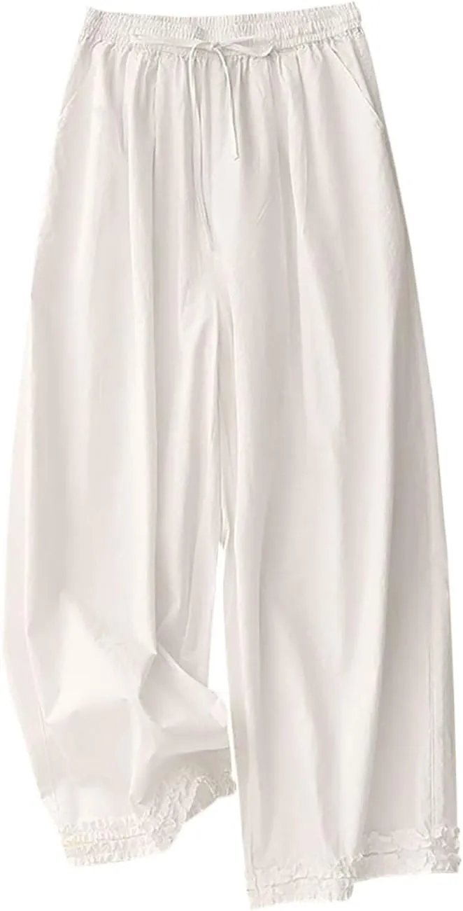 Womens Summer Cotton Linen Palazzo Pants Casual High Waisted Drawstring Wide Leg Long Lounge Trousers with Pockets
