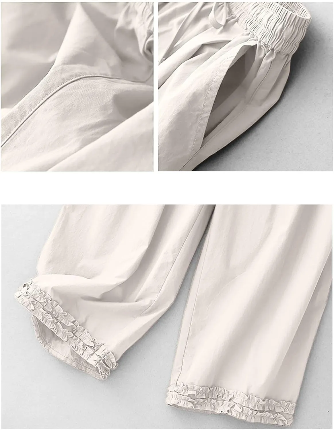 Womens Summer Cotton Linen Palazzo Pants Casual High Waisted Drawstring Wide Leg Long Lounge Trousers with Pockets