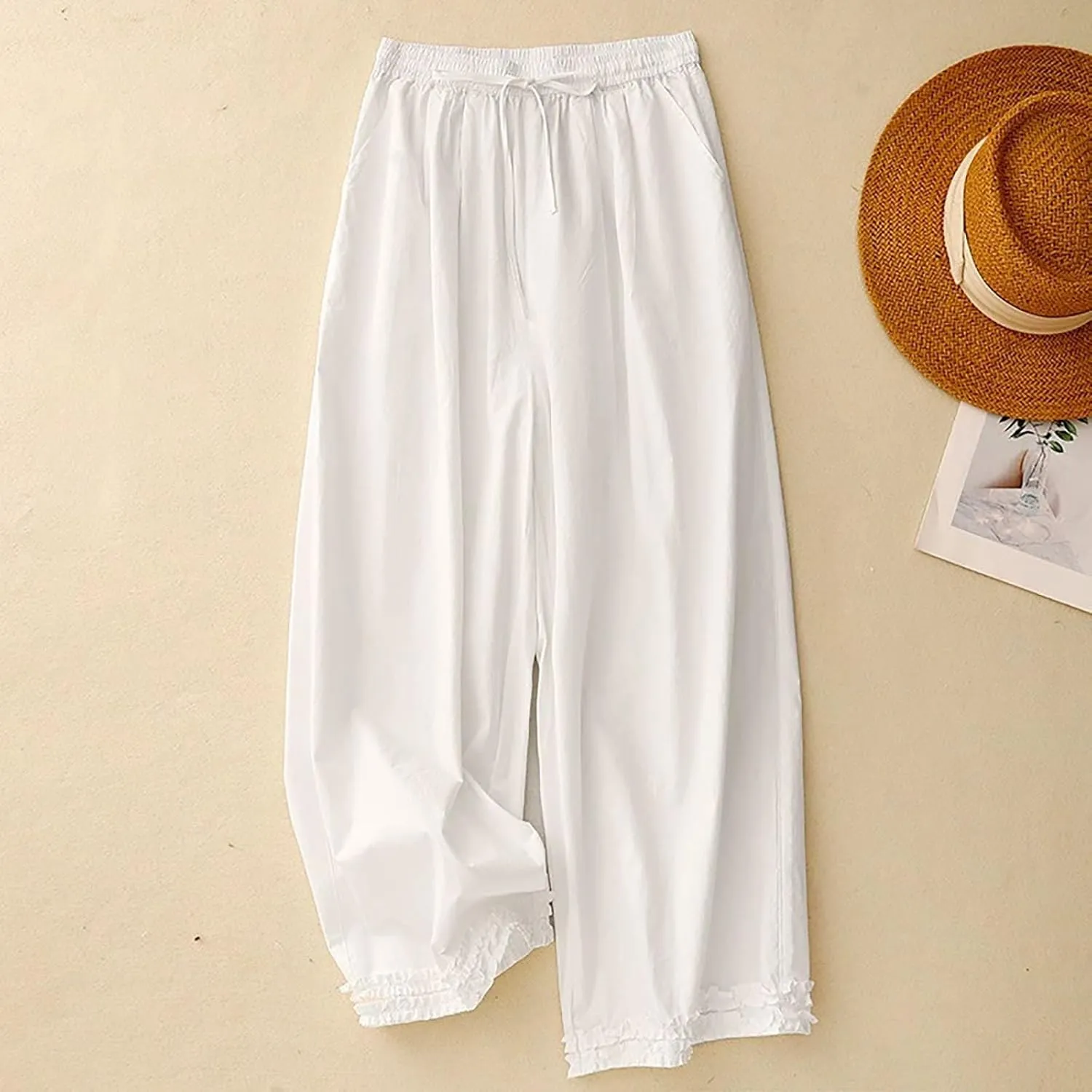 Womens Summer Cotton Linen Palazzo Pants Casual High Waisted Drawstring Wide Leg Long Lounge Trousers with Pockets