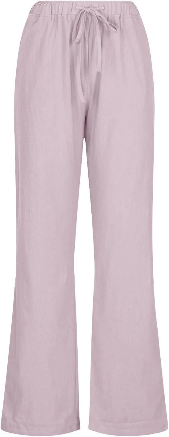 Women's Summer Drawstring Waist Wide Leg Loose Cotton Linen Palazzo Pants Lightweight Straight-Leg Casual Beach Pant