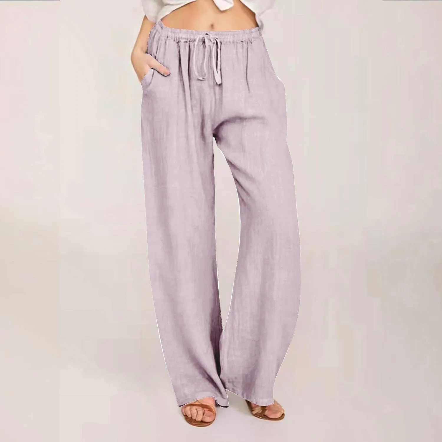 Women's Summer Drawstring Waist Wide Leg Loose Cotton Linen Palazzo Pants Lightweight Straight-Leg Casual Beach Pant