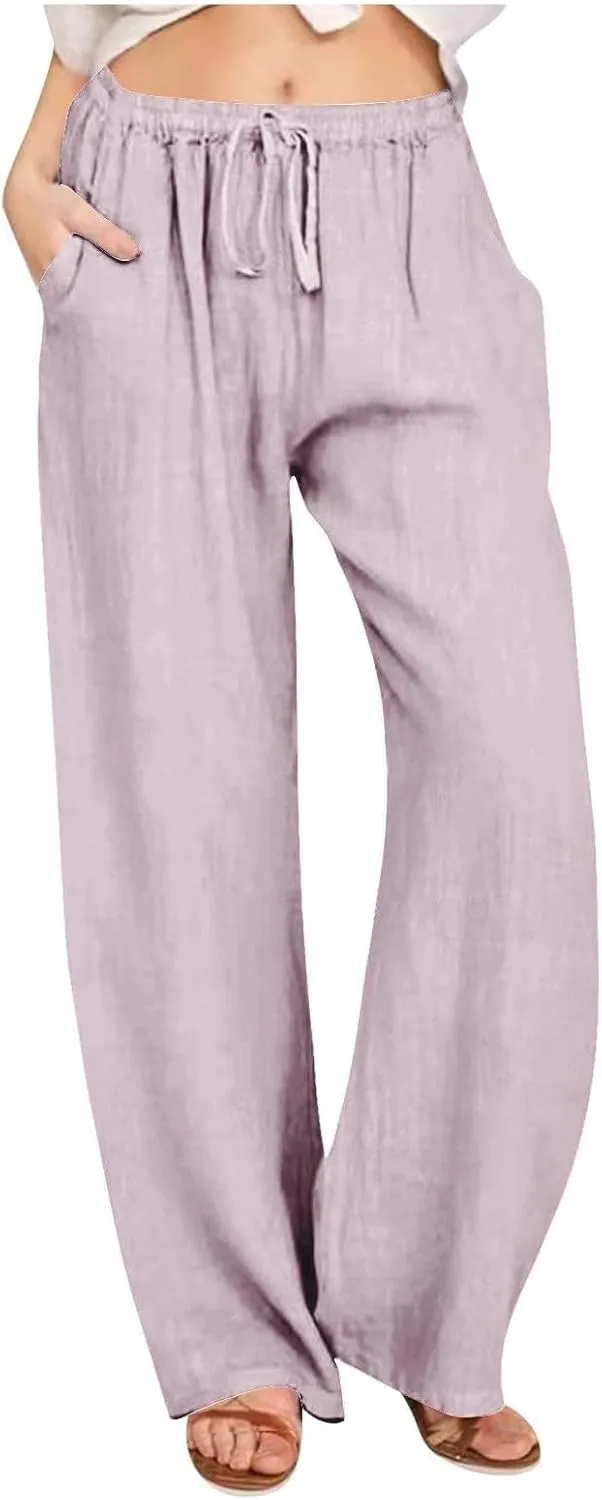 Women's Summer Drawstring Waist Wide Leg Loose Cotton Linen Palazzo Pants Lightweight Straight-Leg Casual Beach Pant