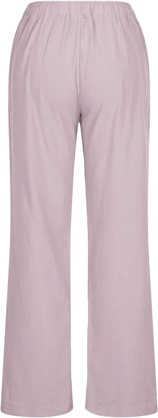 Women's Summer Drawstring Waist Wide Leg Loose Cotton Linen Palazzo Pants Lightweight Straight-Leg Casual Beach Pant