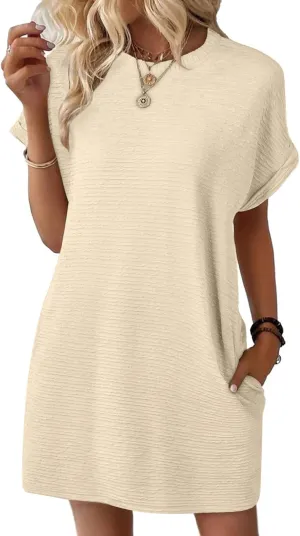 Womens Summer Dresses Fashion 2025 Short Sleeve Crewneck Mini Shirt Dress Casual Beach Vacation Sundress with Pocket