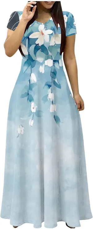 Womens Summer Empire Waist Maxi Dress with Pockets Casual Dressy Short Sleeve Floral Sundress Holiday Long Dresses