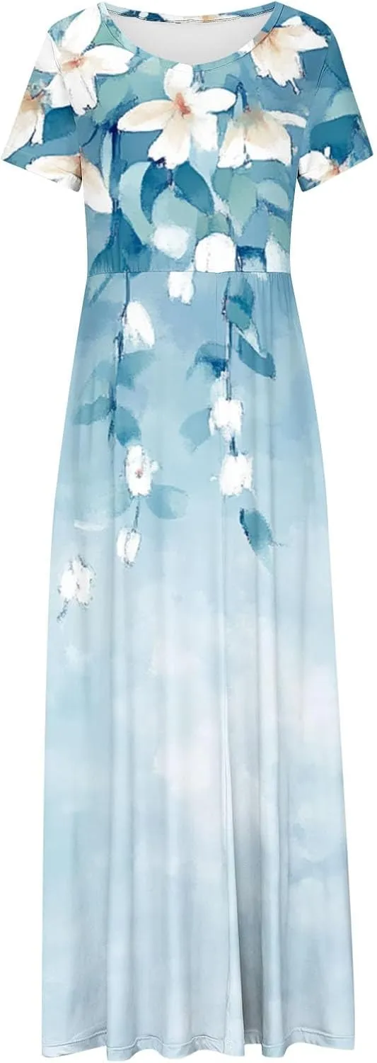 Womens Summer Empire Waist Maxi Dress with Pockets Casual Dressy Short Sleeve Floral Sundress Holiday Long Dresses