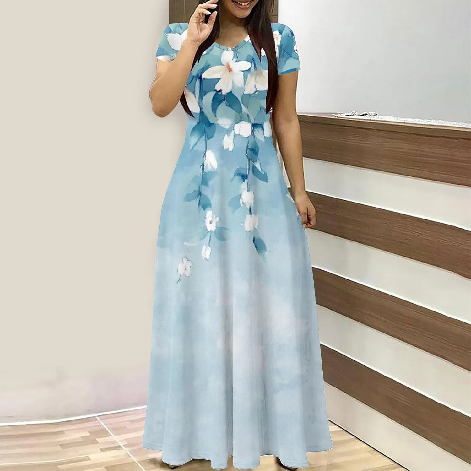 Womens Summer Empire Waist Maxi Dress with Pockets Casual Dressy Short Sleeve Floral Sundress Holiday Long Dresses