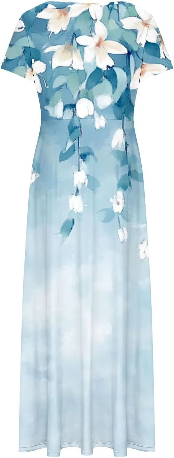 Womens Summer Empire Waist Maxi Dress with Pockets Casual Dressy Short Sleeve Floral Sundress Holiday Long Dresses