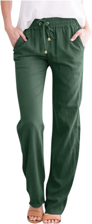 Women's Summer Fashion Linen Pants Loose Fit High Waisted Business Casual Pants Wide Leg Trouser Pants with Pockets