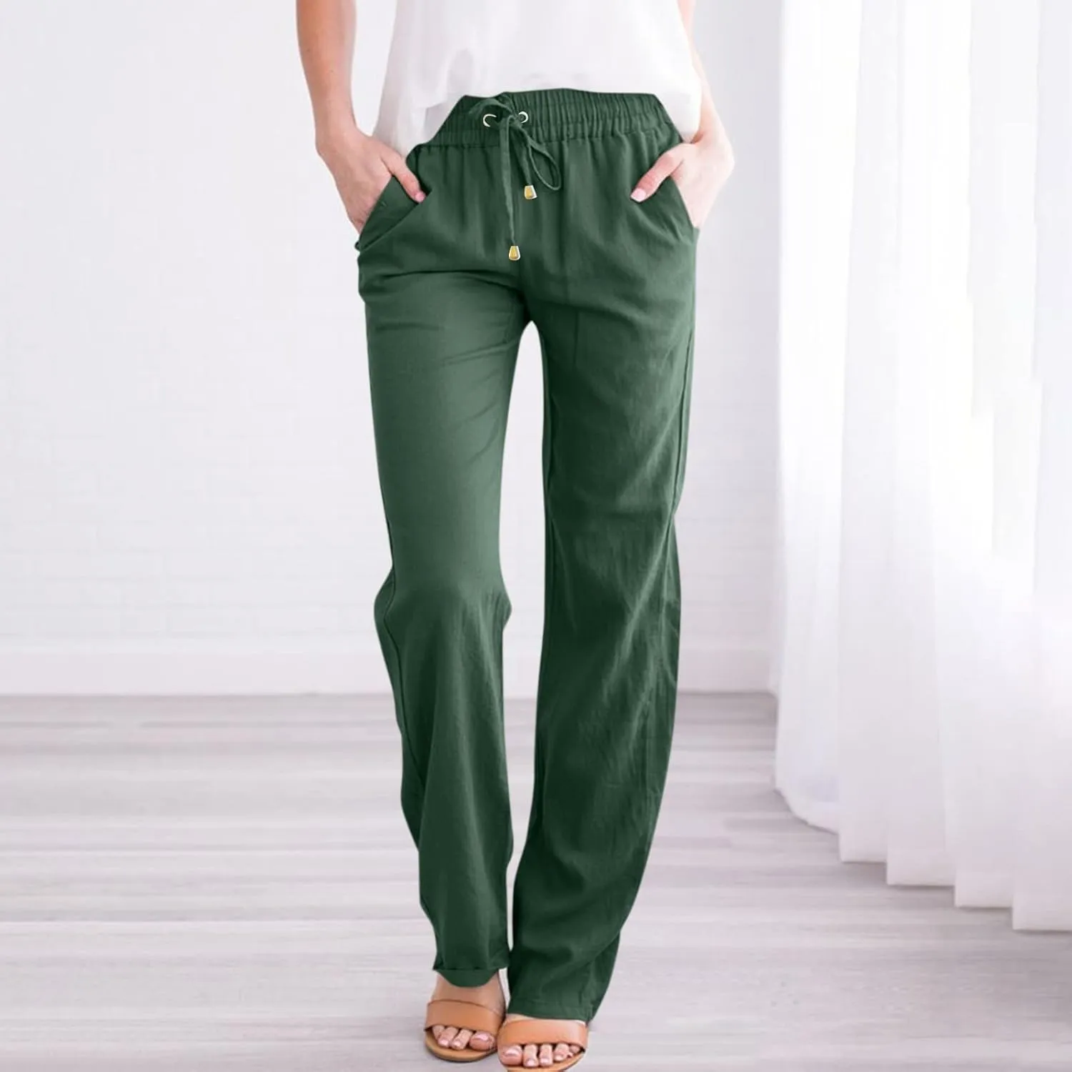 Women's Summer Fashion Linen Pants Loose Fit High Waisted Business Casual Pants Wide Leg Trouser Pants with Pockets