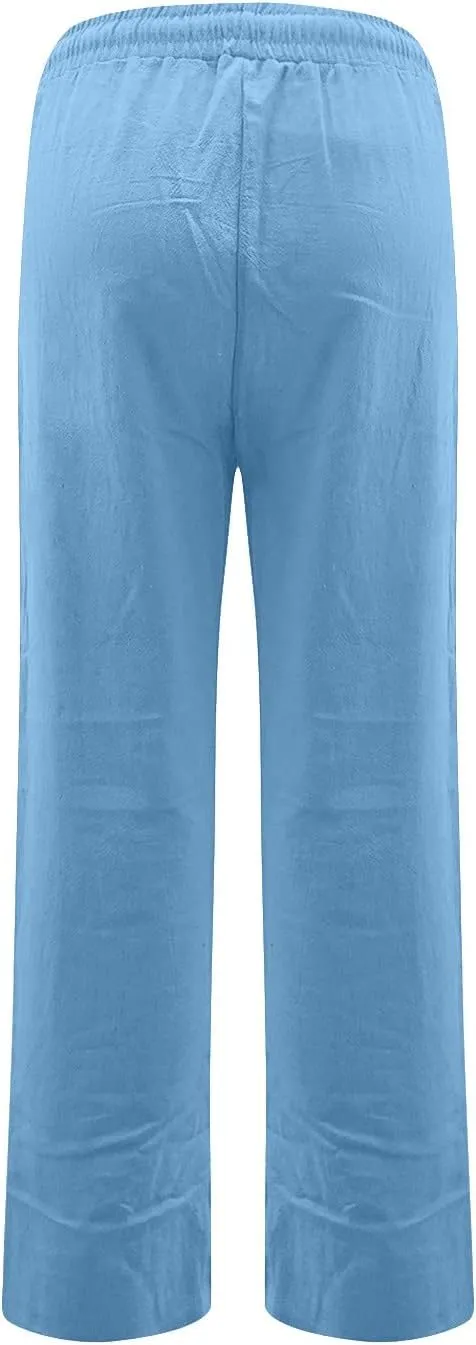 Women's Summer Fashion Linen Pants Loose Fit High Waisted Business Casual Pants Wide Leg Trouser Pants with Pockets