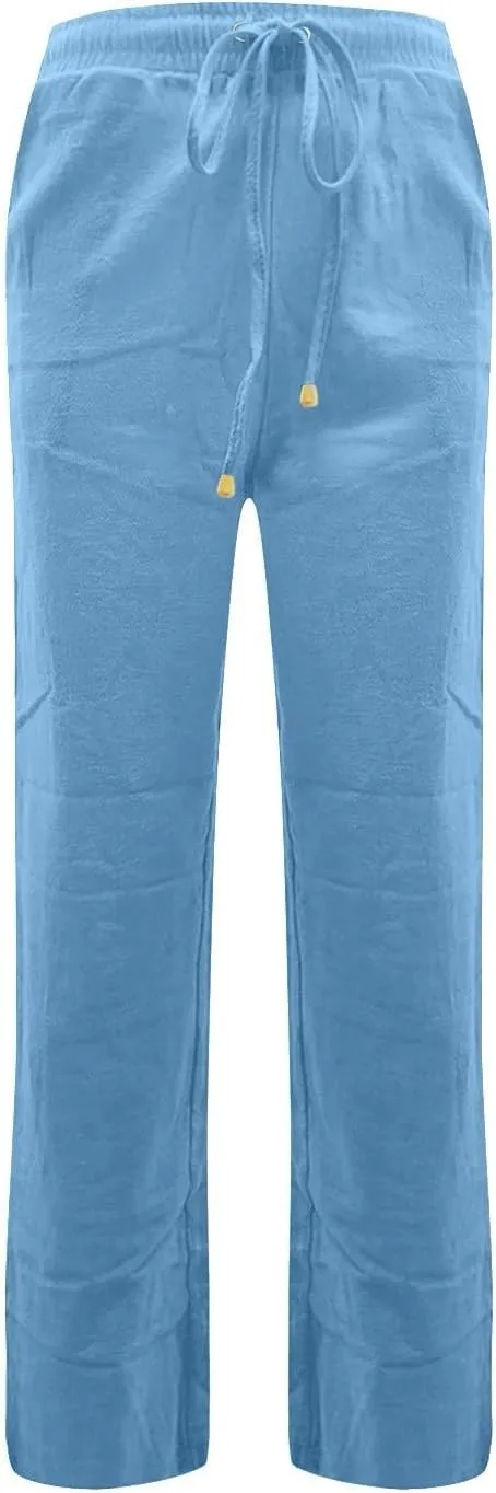 Women's Summer Fashion Linen Pants Loose Fit High Waisted Business Casual Pants Wide Leg Trouser Pants with Pockets