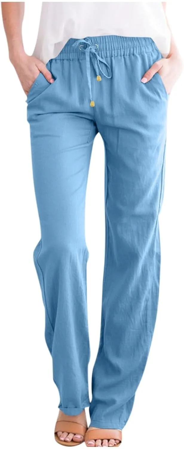 Women's Summer Fashion Linen Pants Loose Fit High Waisted Business Casual Pants Wide Leg Trouser Pants with Pockets
