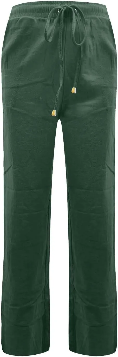 Women's Summer Fashion Linen Pants Loose Fit High Waisted Business Casual Pants Wide Leg Trouser Pants with Pockets
