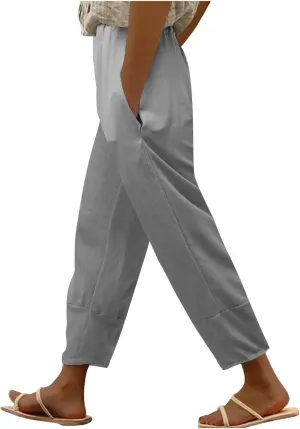 Women's Summer Pants Linen Casual High Waist Workout Wide Leg Straight Leg Baggy Trendy Yoga Lounge Trousers Pockets