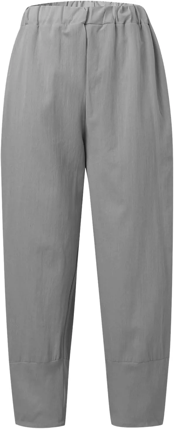 Women's Summer Pants Linen Casual High Waist Workout Wide Leg Straight Leg Baggy Trendy Yoga Lounge Trousers Pockets