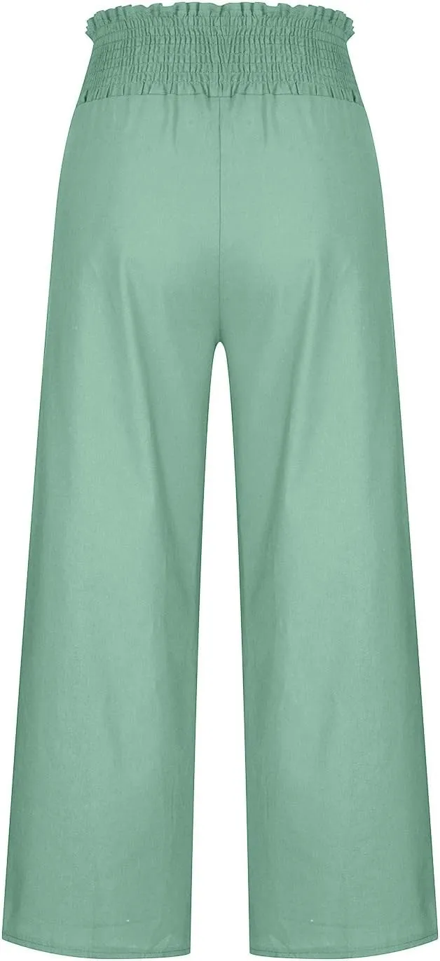 Womens Summer Pants Sexy High Slit Lightweight Flowy Beach Trousers Cotton Linen Tummy Control Dancing Palazzo