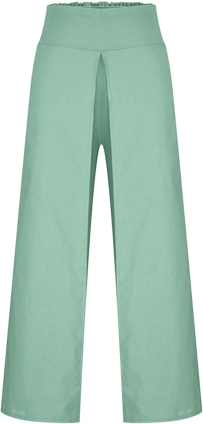 Womens Summer Pants Sexy High Slit Lightweight Flowy Beach Trousers Cotton Linen Tummy Control Dancing Palazzo