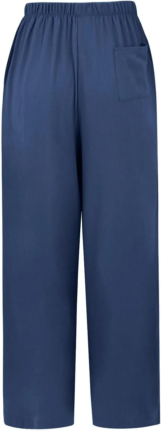 Women's Summer Wide Leg Pants Loose Drawstring Elastic Waist Lightweight Linen Palazzo Pants Beach Vacation Trousers